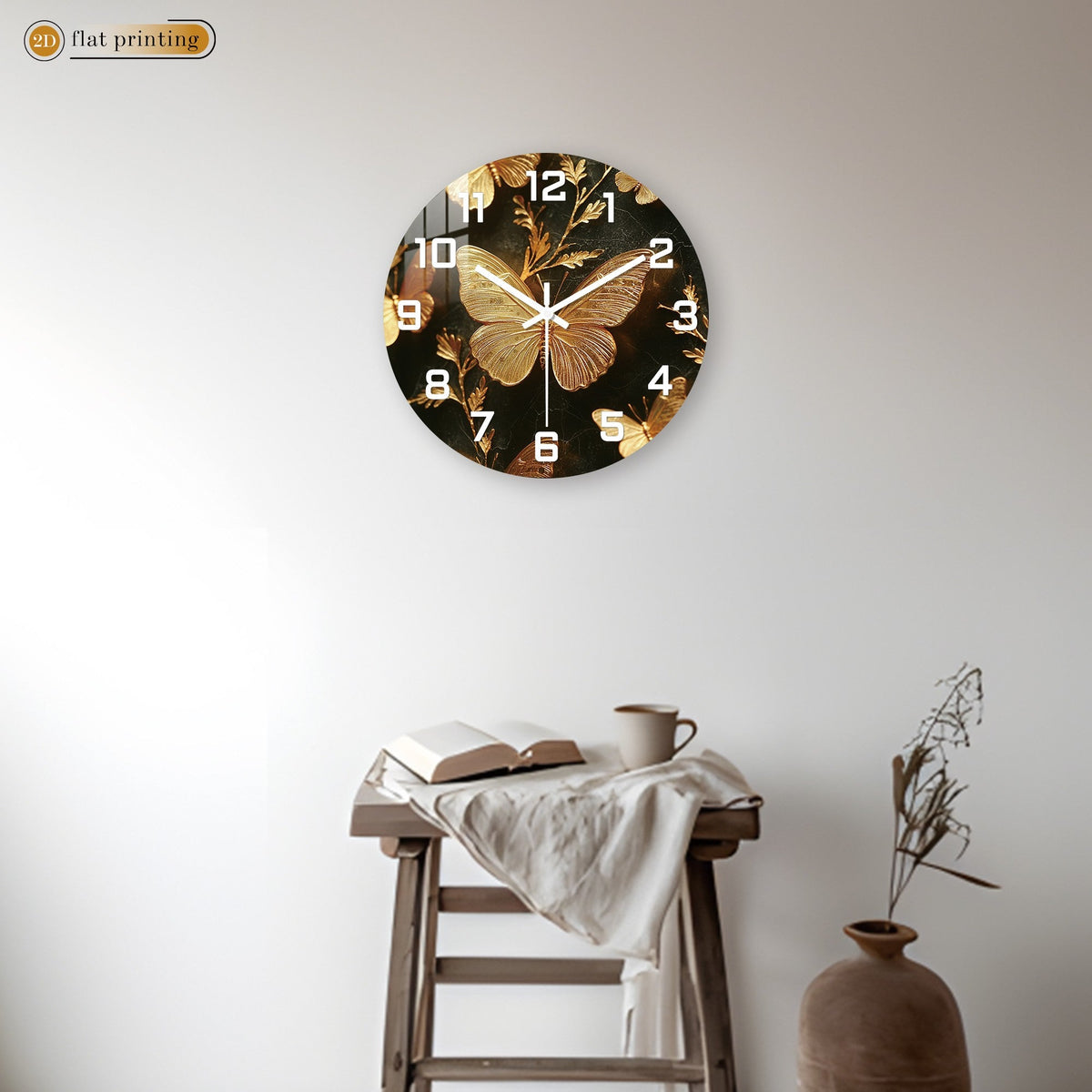 Golden Butterfly Elegance Wall Clock, Luxe Marble Background Decor, Glamorous Home or Office Timekeeper