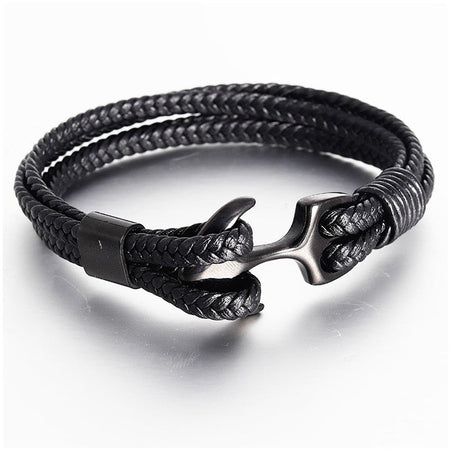 Punk Stainless Steel Anchor Bracelets Genuine Leather Bracelet & Bangles for Men Jewelry Black Color Fashion Gift