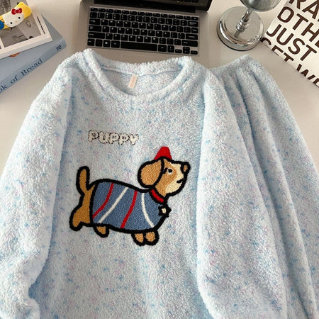 2pcs/Set Pajamas Korean Cute Dog Thickened Warm Fall And Winter Women's Pajamas Long-Sleeved Long Pants Set Sweet New Sleepwear