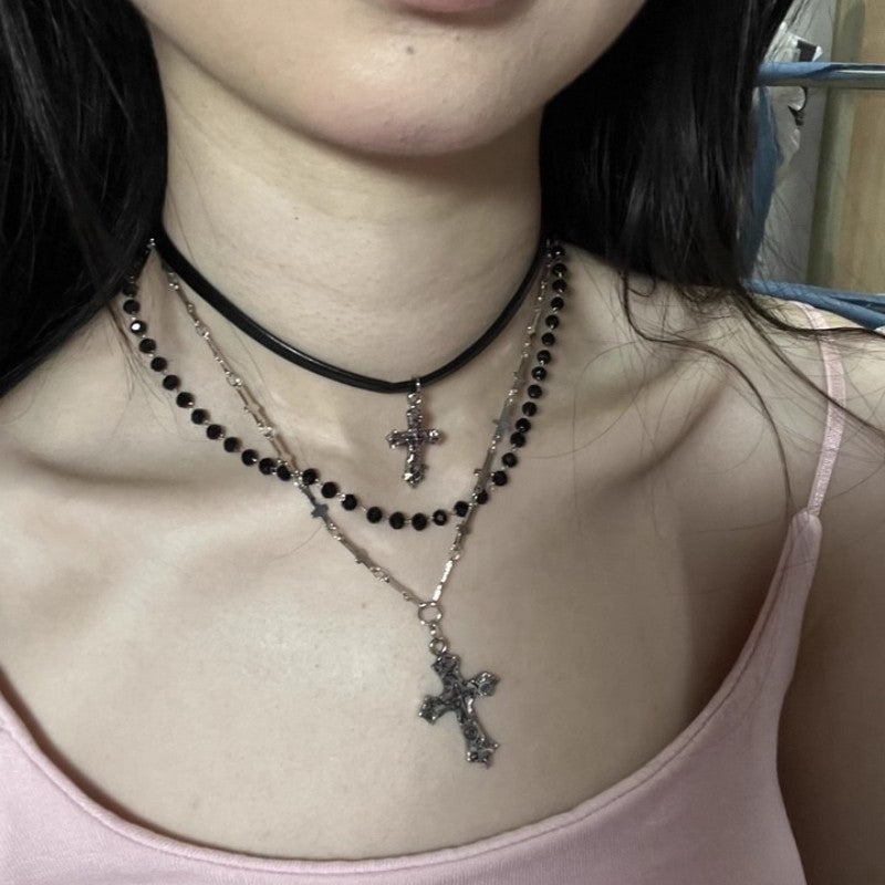 Gothic Punk Y2K Black Cross Pendant Necklace for Women Men 2025 Vintage Multi Layer Bead Necklaces 90s EMO Charm Jewelry Gifts