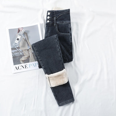 Winter Thick Velvet Women High Waist Skinny Jeans Simple Fleece Warm Slim Fit Stretch Ladies Casual Slim Denim Pencil Pants Y2K