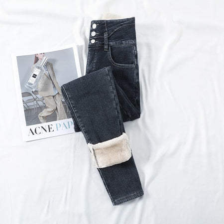 Winter Thick Velvet Women High Waist Skinny Jeans Simple Fleece Warm Slim Fit Stretch Ladies Casual Slim Denim Pencil Pants Y2K