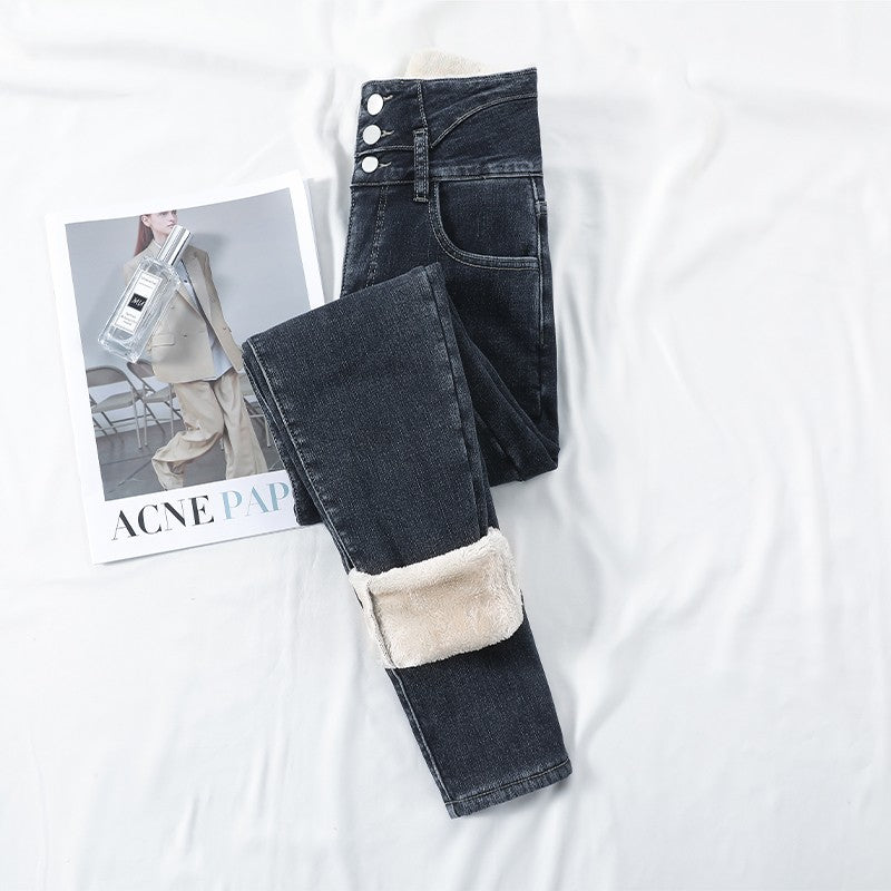 Winter Thick Velvet Women High Waist Skinny Jeans Simple Fleece Warm Slim Fit Stretch Ladies Casual Slim Denim Pencil Pants Y2K