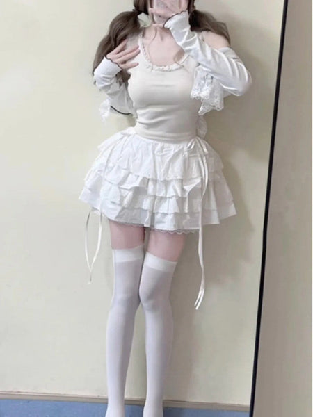 Summer White Mini Skirts Women Lace Patchwork Sweet A-line Slim High Street Bow Korean Fashion Y2k Skirt Harajuku Streetwear Ins