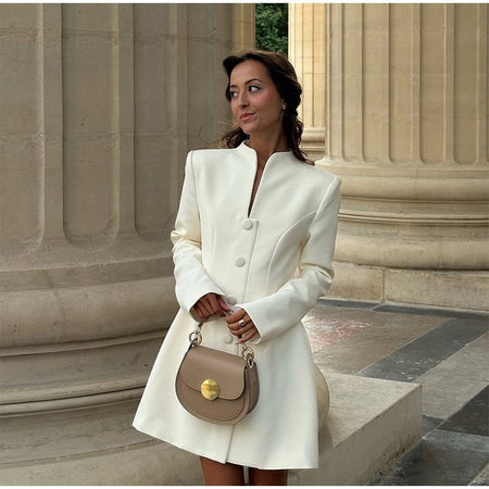 Fashion Solid Cinched-waist Mini Dress Women Elegant Lapel Full Sleeve V-neck A-line High Waist Dresses Lady Office Commute Gown