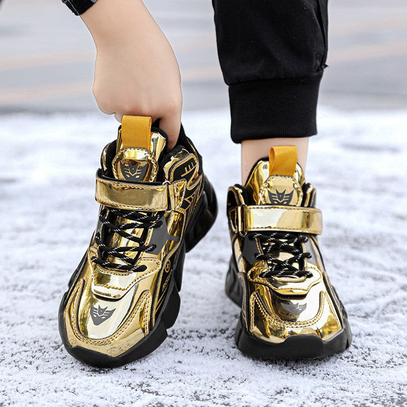 Winter Children's Fashion Sports Shoes Leather Boys' Running Sneakers Flat Casual Walking Shoes Warm Lightweight Outdoor Boots