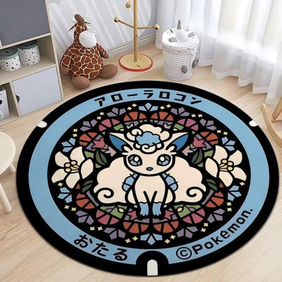 MINISO Japanese Anime Pokemon Round Rugs Non-Slip Floor Mat for Home Living Room Bedroom Circle Rug Washable Round Carpet Decor