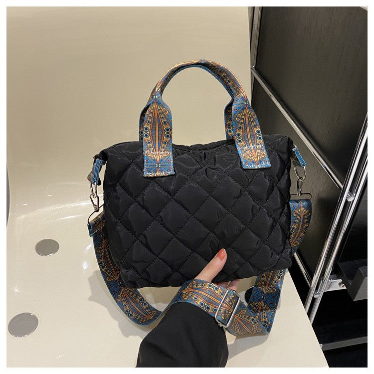 Women Wide Shoulder Belt Handbag Fall/Winter Rhombus Space Cotton Shoulder Bag Large Capacity All-Match Shopping Tote Bag