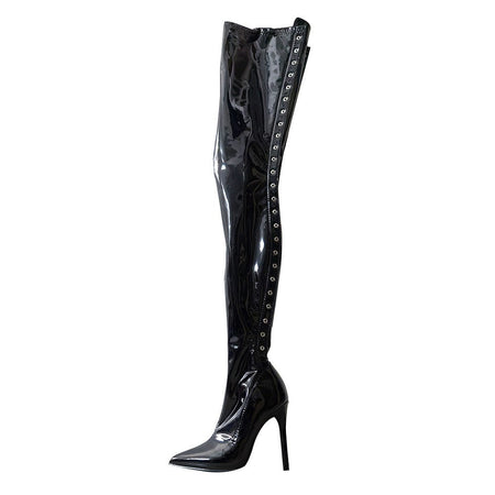 13CM Thin Heel Black Lace-up Over the knee Boots Woman Fetish Pointy Toe Boots Elastic Leather Thigh High Sexy Women Party Shoes