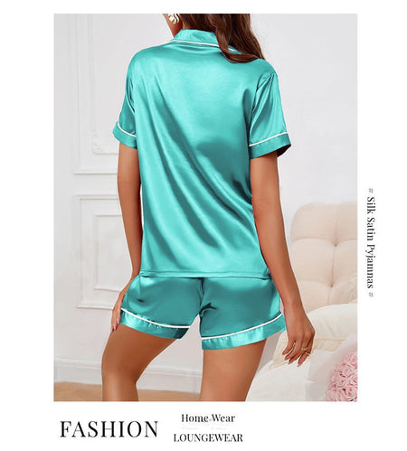 Luxurious Satin Pajama For Women Turn-down Collar Button Top & Shorts Sleepwear & Loungewear for Summer Home Clothes Suit