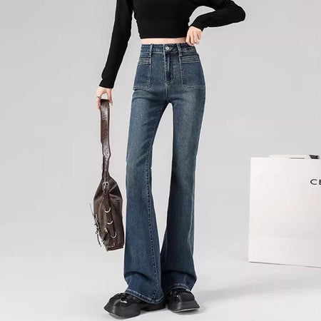 Spring Woman High Waist Vintage Flare Jeans Girls Korean Y2k 2000s Bell Bottom Pants Female Streetwear Gray Blue Denim Trousers