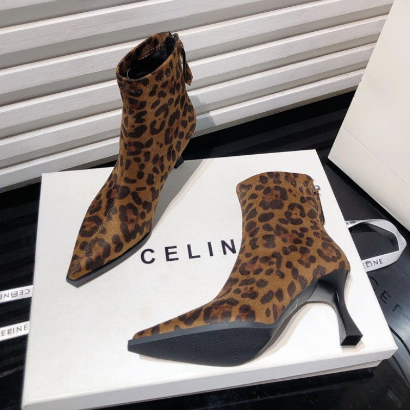 Autumn Women's High Heel Leopard Print Ankle Boots New Winter Pointed Head Thin Heel Chelsea Boots for Shoes Dress D503