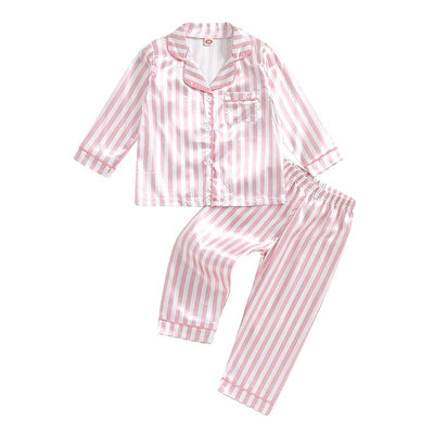 Kid Girls Boys Fall Pajamas Set Stripe Print Long Sleeve Shirts Tops Long Pants Satin 2 Pieces Lounge Suit Sleepwear