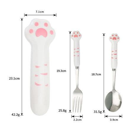 Cute Cat Paw Cutlery Set Stainless Steel Fork Spoon with Storage Box Dinnerware Tableware Silverware Lunch Bento Accessories