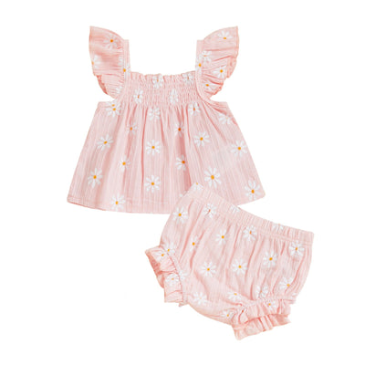 Baby Girl Daisy Outfit Toddler Girls Flying Sleeve Babydoll Tops Elastic Waist Ruffle Shorts Cute Summer Clothes 2Pcs Sets