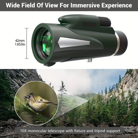 10X monocular telescope, paired with a phone tripod and fixture, used for outdoor bird watching, hiking, camping, traveling, lea