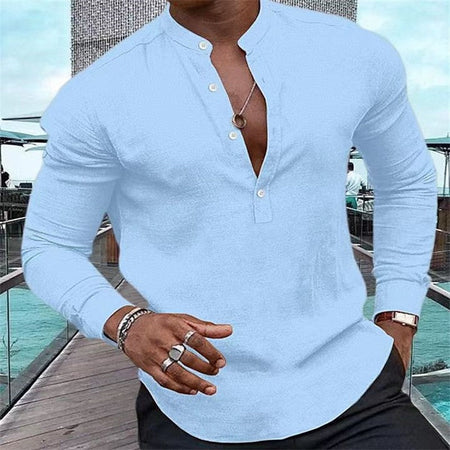 Fashion Men's Long Sleeve Solid Color Half Cardigan Henley Collar Shirt Pink Long Sleeve Hawaiian Vacation Shirt Summer Casual