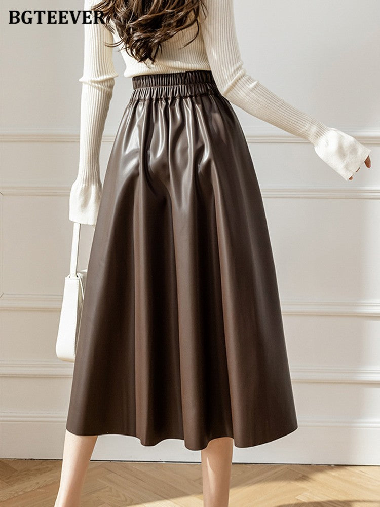 BGTEEVER Spring Autumn Loose PU Leather A-line Skirts Women Elegant High Waist Pleated Faux Leather Skirts Female