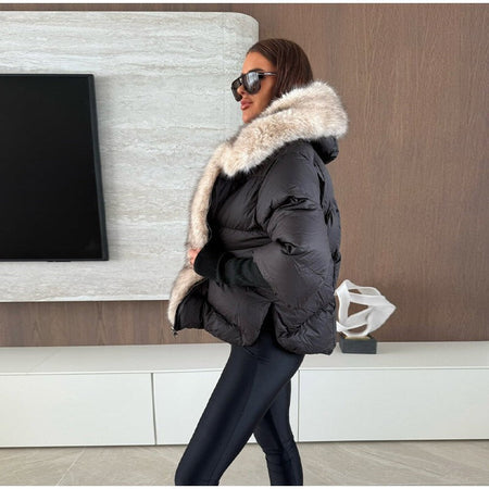 Vintage Women's Fur Coat Elegant Furs Collar Puffer Thicken Full Sleeve Jacket With Furs Female 2025 Autumn Winter Woman Coats