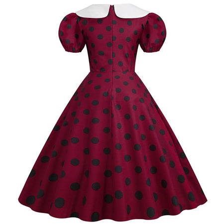 Elegant Women Summer Dress Puff Short Sleeve Polka Dot Peter pan Collar Vintage A-line Midi Long Party Sundress