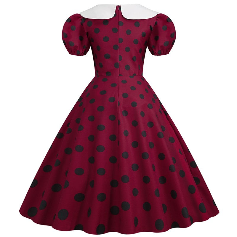 Elegant Women Summer Dress Puff Short Sleeve Polka Dot Peter pan Collar Vintage A-line Midi Long Party Sundress