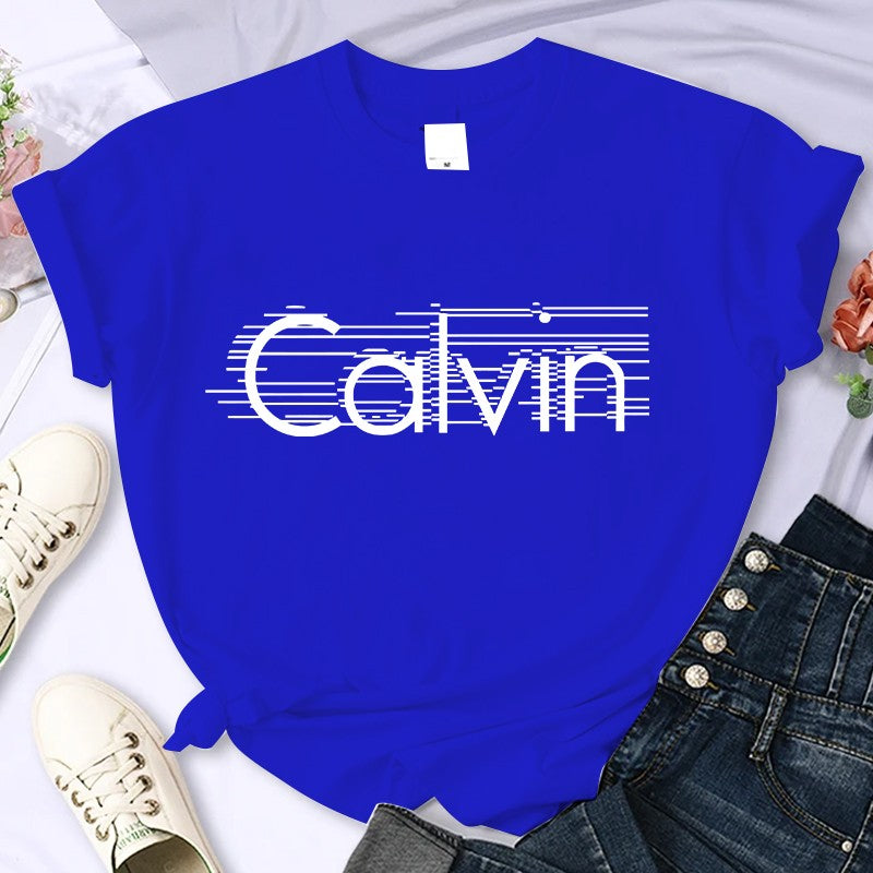 Women's summer 100% pure cotton fashionable casual loose Calvin letter pattern printed round neck short sleeved T-shirt top