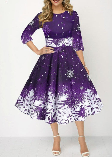 Winter Christmas Dresses Women Vintage Robe Swing Elegant Half Sleeve Casual Print Party Dress