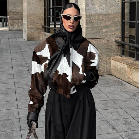 Fashion Women's Cow Print Jacket Lapel Collar Short Length Zipper Button Coats 2025 Autumn Winter Female Trendy Warm Outerwear