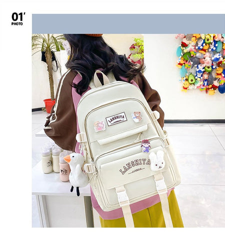5-piece Set of Free Pendants Forest Style Korean Version Casual Harajuku Student Backpack for High School Girls Large Capacity