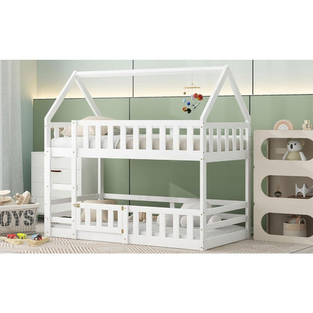 Twin Over Twin House Bunk Bed Frame for Boys Girls Kids Adults Toddler with Fence and Door, White