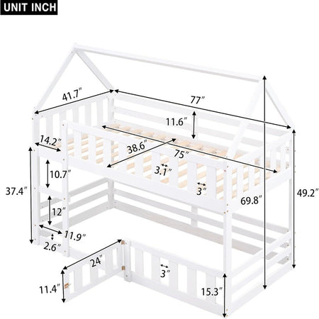 Twin Over Twin House Bunk Bed Frame for Boys Girls Kids Adults Toddler with Fence and Door, White