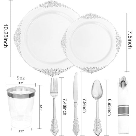 350PCS Silver Plastic Plates and PreRolled Napkins for 50 Guests Disposable Dinnerware Set with 100 Silver Disposable Plates 15