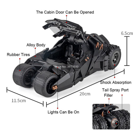1:24 Scale Batmobile Miniature Models Toys Cars Spray Version with Alloy Diecast Light Sound Vehicles Toy for Child Adult Gifts