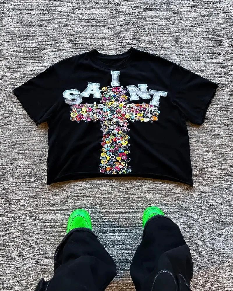 American Hip-hop Anime Print Oversized T-shirt Men Retro Trendy Streetwear Top Pure Cotton Round Neck Casual Loose Short Sleeves