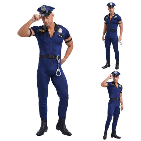 Mens Police Uniform Cosplay Outfits 7-Piece Dirty Cop Officer Costumes Front Zipper Role Play Jumpsuit Hat Belt Manacles Badge