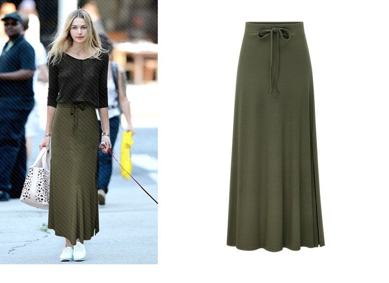 Plus size women's fashionable knitted half skirt high waist slit A-line skirt high stretch ankle length mid length skirt