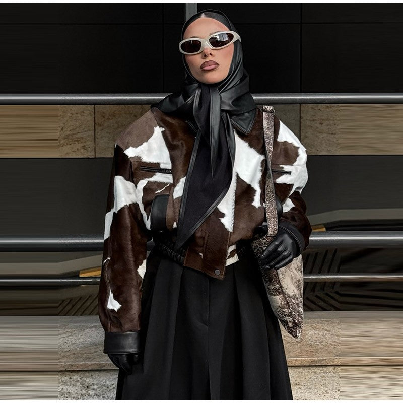 Fashion Women's Cow Print Jacket Lapel Collar Short Length Zipper Button Coats 2025 Autumn Winter Female Trendy Warm Outerwear
