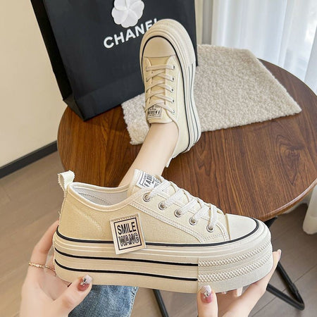 2024 New Women's Black Platform Canvas Sneakers Lace-up Comfortable Shoes Fashion Outdoor Multi-functional Sports Canvas Shoes