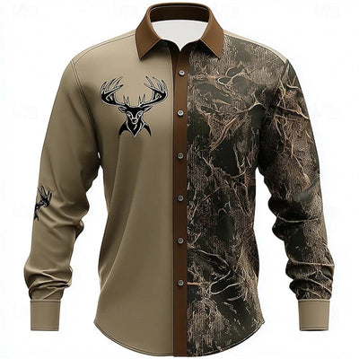 Retro Men's 3D Reindeer Print Shirt Men's Long-sleeved Shirt Breathable Casual Button Loose Top Ethnic Retro Lapel Shirt