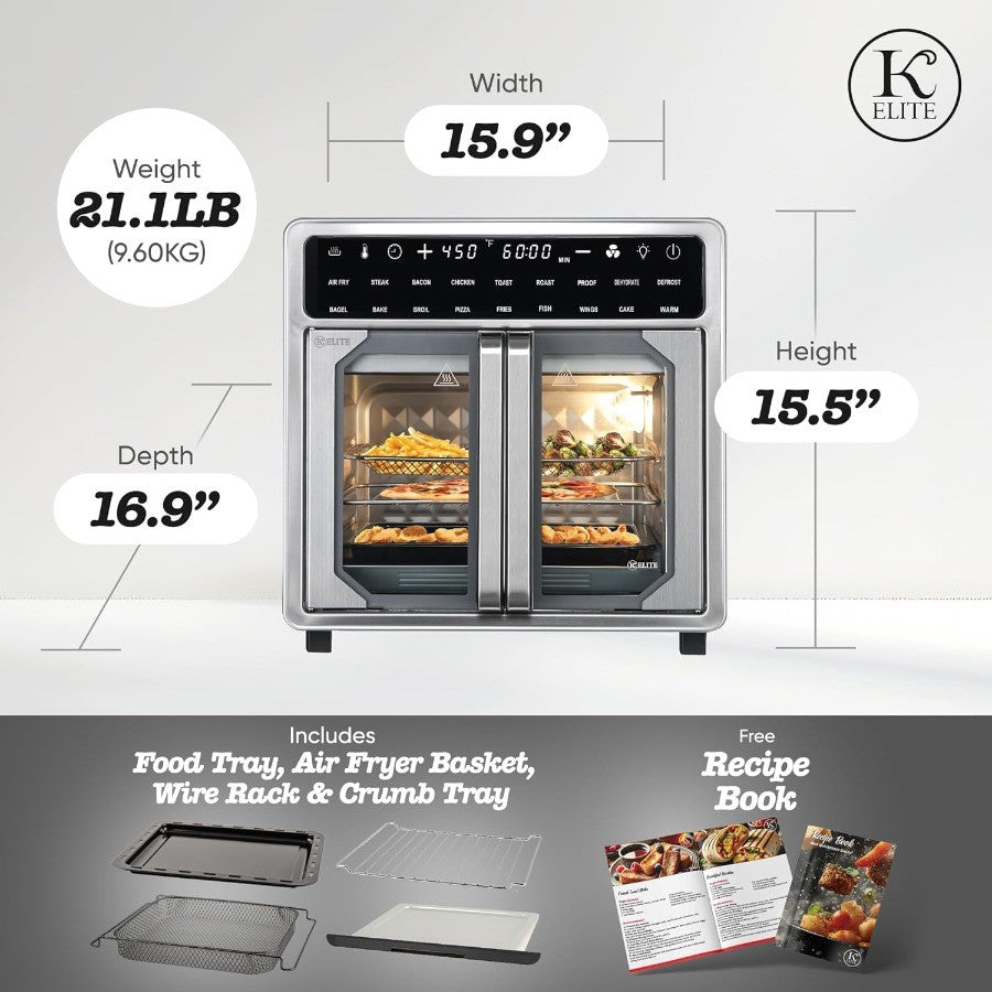 16 Quart French Door Air Fryer Oven Family Size Countertop Convection Cooker with LED Display Stainless Steel for Large Batch C