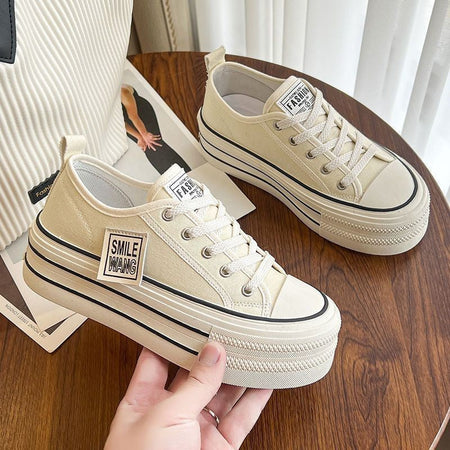 2024 New Women's Black Platform Canvas Sneakers Lace-up Comfortable Shoes Fashion Outdoor Multi-functional Sports Canvas Shoes