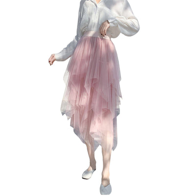 New Fairycore Lady ´s Fashionable Sexy Solid Color Mesh Skirt, Irregular Elastic Tulle Bubble Skirt, Daily Life and Vacation