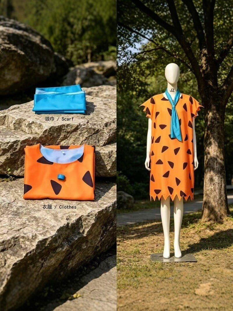 unisex Caveman Cosplay Costume Orange dress With Blue Tie Stone Age Outfit For Theme Party Masquerade Carnival Halloween Cosplay