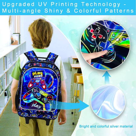 3PCS Rolling Backpack for Boys, Kids Roller Bookbag with Wheels, Gamer Wheeled School Backpack for Elementary Preschool Kinderga