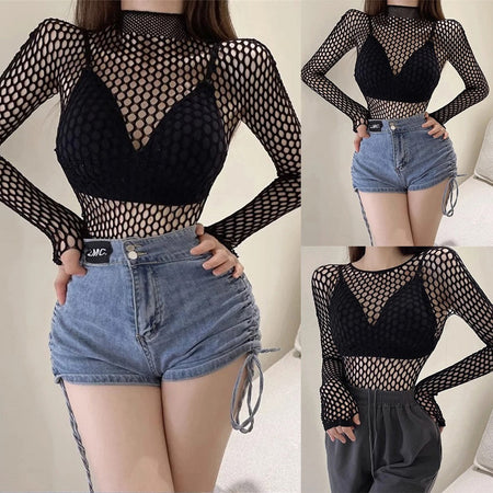 Womens Sexy Mesh Long Sleeve Fishnets Tops Fun Fashion Slim Fit Tops  Hollow Out See Through Loose Female T-shirts Crop soft Top