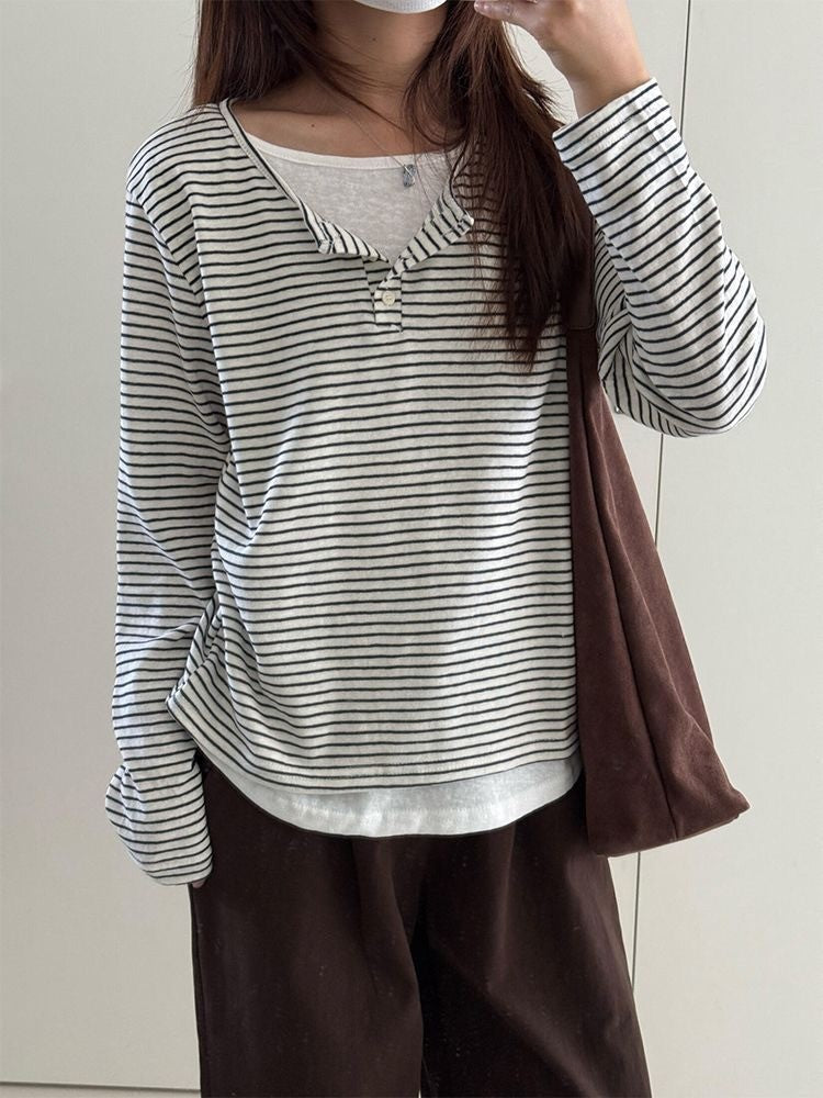 Stripe Button Long Sleeve T-shirt Slim Fit Fake Two-piece Women's Top 2025 Autumn Fashion Casual Long Sleeve Tops