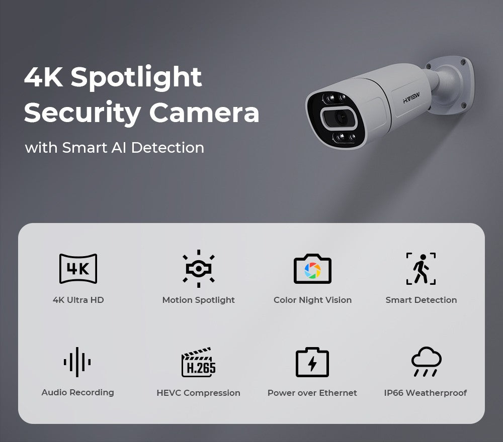 H.View 5Mp 8Mp 4K Ip Camera Poe Ai Face Detection  Cctv Security Cameras H.265 Outdoor Audio Video Surveillance onvif xmeye