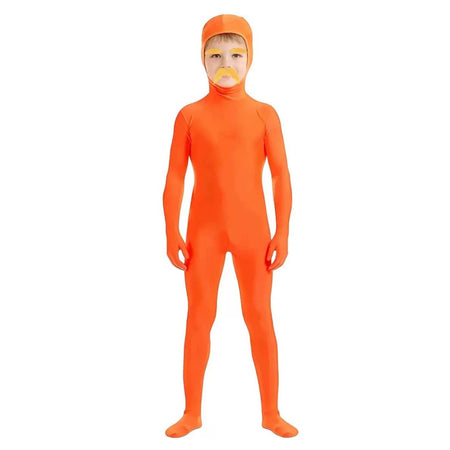 Halloween Orange Zentai Suit Open Face Full Body Bodysuit with Yellow Mustache Eyebrow for Adult Kid Cosplay Party Costume