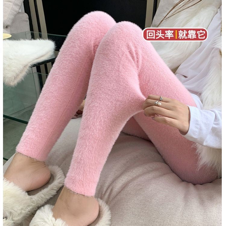 Pink Mink Velvet Pants Women High Waist Elasticity Plush Casual Thermal Leggings Tight Knitted Straight Wear Outside Trousers