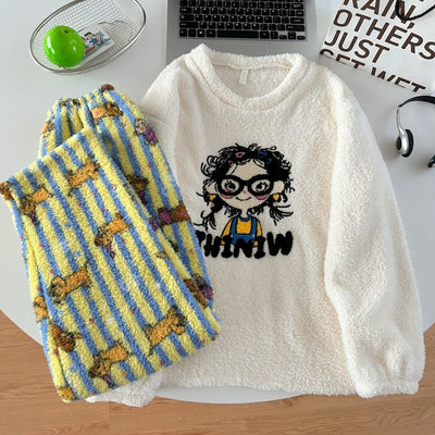 2pcs/Set Pajamas Korean Cute Dog Thickened Warm Fall And Winter Women's Pajamas Long-Sleeved Long Pants Set Sweet New Sleepwear